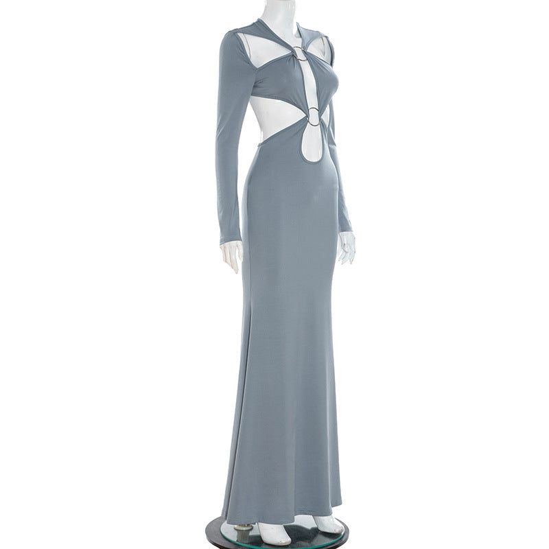 Showstopping O-Ring Cut-Out Long Sleeve Maxi Dress - Glamorous Fall & Holiday Party Gown