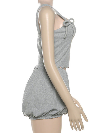 Cozy Chic Bowknot Square Neck Romper | Fall Bubble Shorts Loungewear