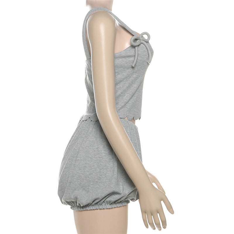 Cozy Chic Bowknot Square Neck Romper | Fall Bubble Shorts Loungewear