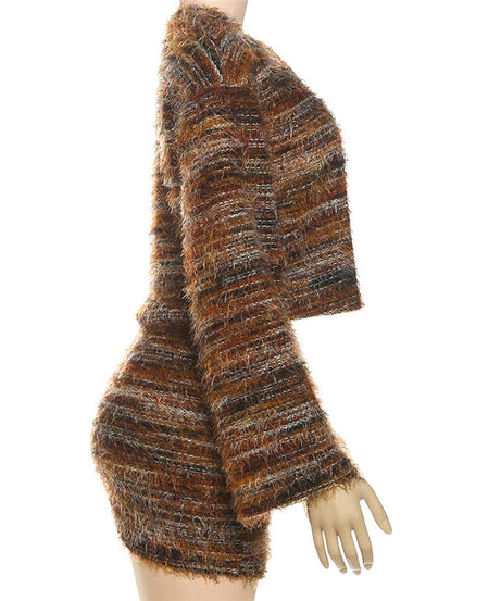 Cozy Autumn Chic: Women's Fuzzy Knit Two-Piece Mini Skirt Set | Effortless Fall Style