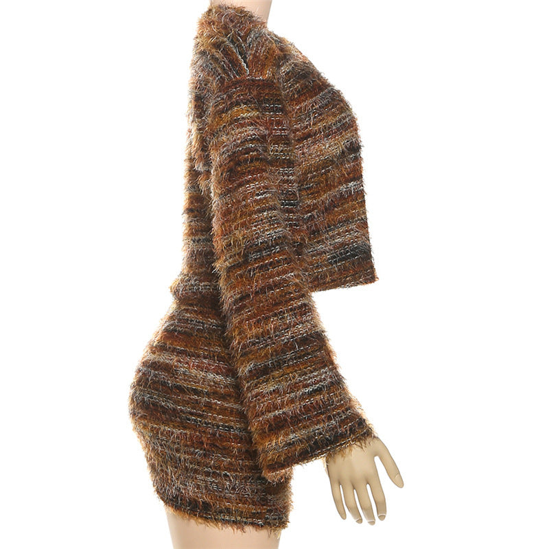 Cozy Autumn Chic: Women's Fuzzy Knit Two-Piece Mini Skirt Set | Effortless Fall Style