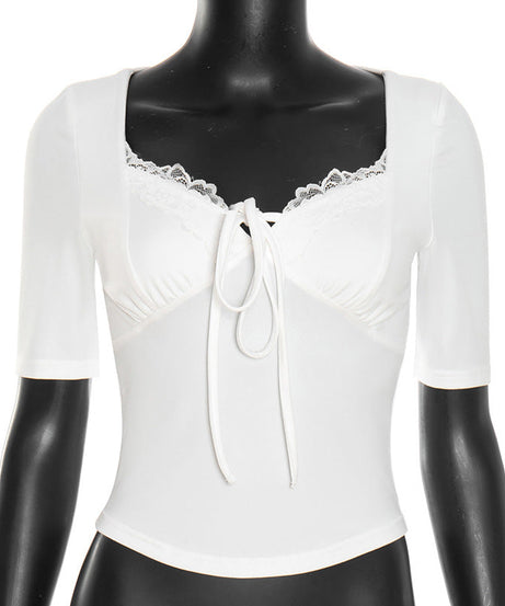 Fall Chic: Women's Square Neck Lace Tie-Front Top - Your Versatile Autumn Essential
