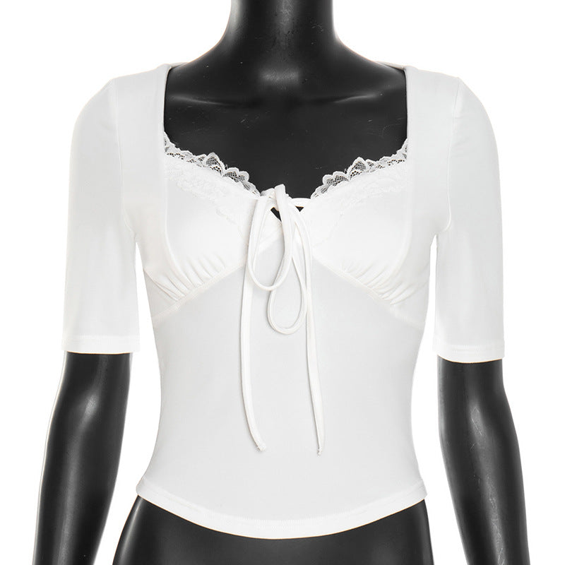 Fall Chic: Women's Square Neck Lace Tie-Front Top - Your Versatile Autumn Essential