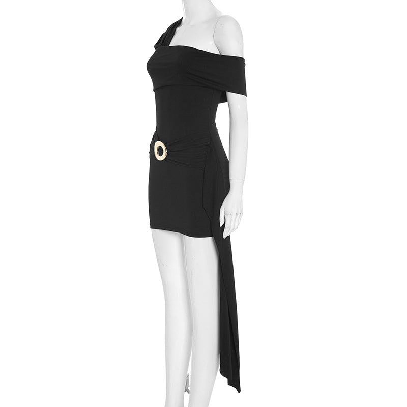 Chic Black One-Shoulder Ruched Mini Dress with Gold Ring & Statement Sash | Perfect for Fall Parties & Nights Out