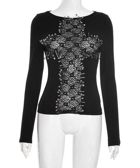 Edgy Safety Pin Cross Long Sleeve Top - Gothic Punk Fall Fashion & Halloween Ready