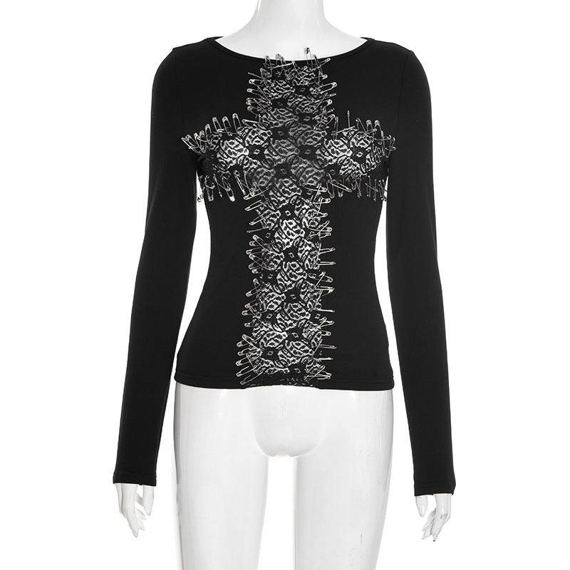 Edgy Safety Pin Cross Long Sleeve Top - Gothic Punk Fall Fashion & Halloween Ready