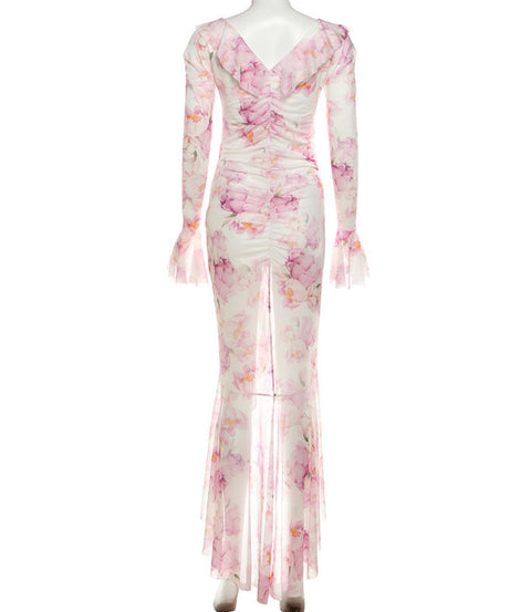 Dreamy Ruffled Floral Mesh Maxi Dress - Your Elegant Pick for Fall Events & Holiday Getaways
