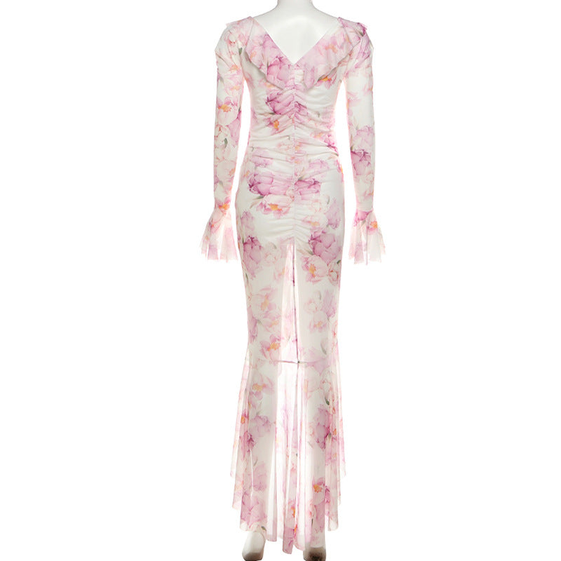 Dreamy Ruffled Floral Mesh Maxi Dress - Your Elegant Pick for Fall Events & Holiday Getaways