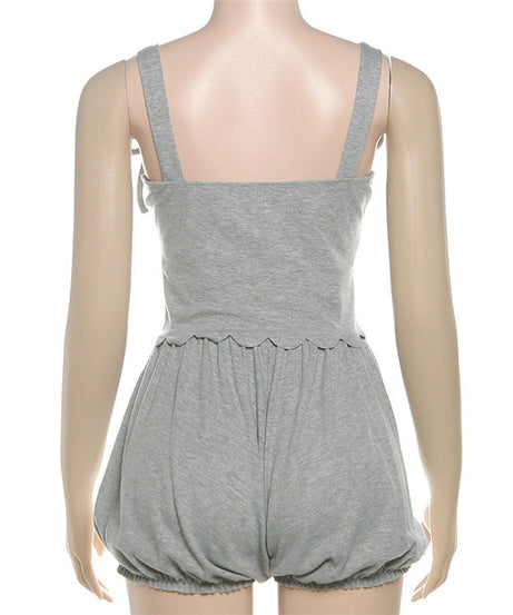 Cozy Chic Bowknot Square Neck Romper | Fall Bubble Shorts Loungewear