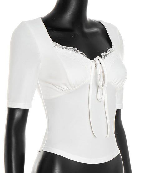 Fall Chic: Women's Square Neck Lace Tie-Front Top - Your Versatile Autumn Essential