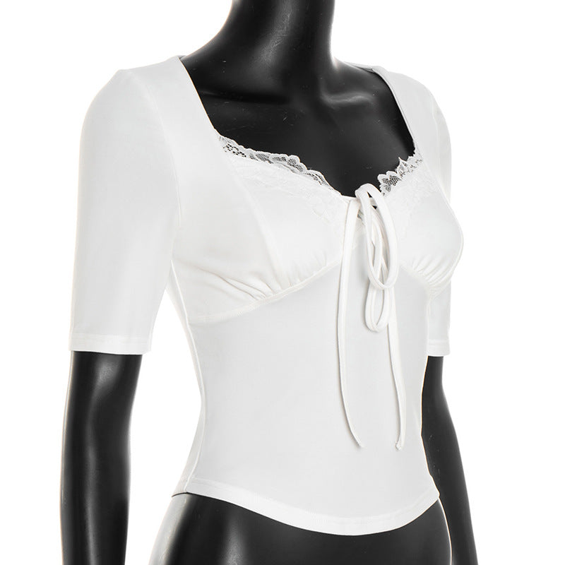 Fall Chic: Women's Square Neck Lace Tie-Front Top - Your Versatile Autumn Essential