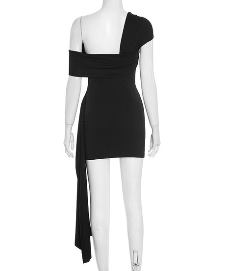 Chic Black One-Shoulder Ruched Mini Dress with Gold Ring & Statement Sash | Perfect for Fall Parties & Nights Out