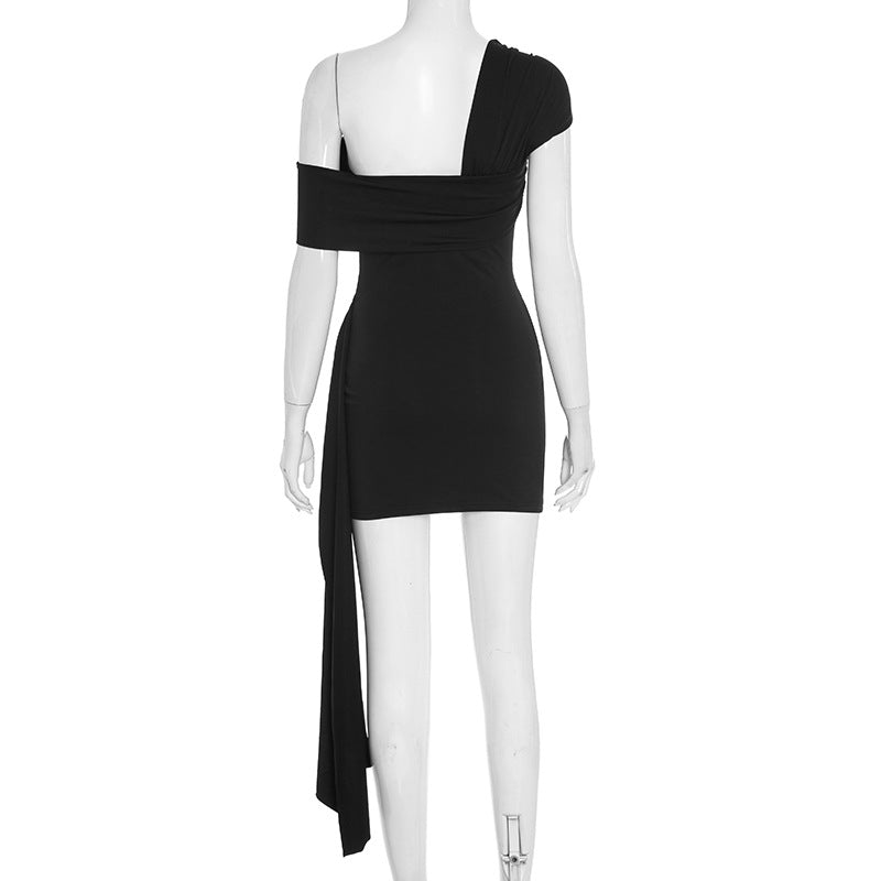 Chic Black One-Shoulder Ruched Mini Dress with Gold Ring & Statement Sash | Perfect for Fall Parties & Nights Out