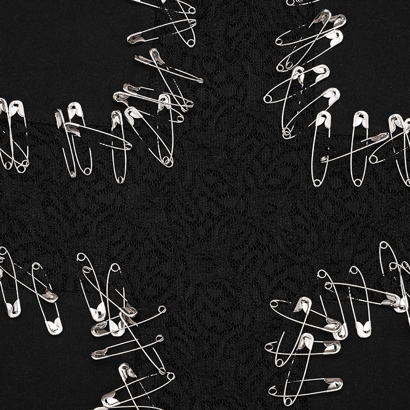 Edgy Safety Pin Cross Long Sleeve Top - Gothic Punk Fall Fashion & Halloween Ready