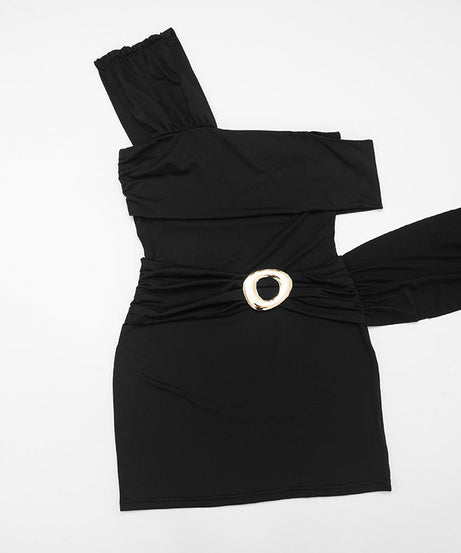 Chic Black One-Shoulder Ruched Mini Dress with Gold Ring & Statement Sash | Perfect for Fall Parties & Nights Out