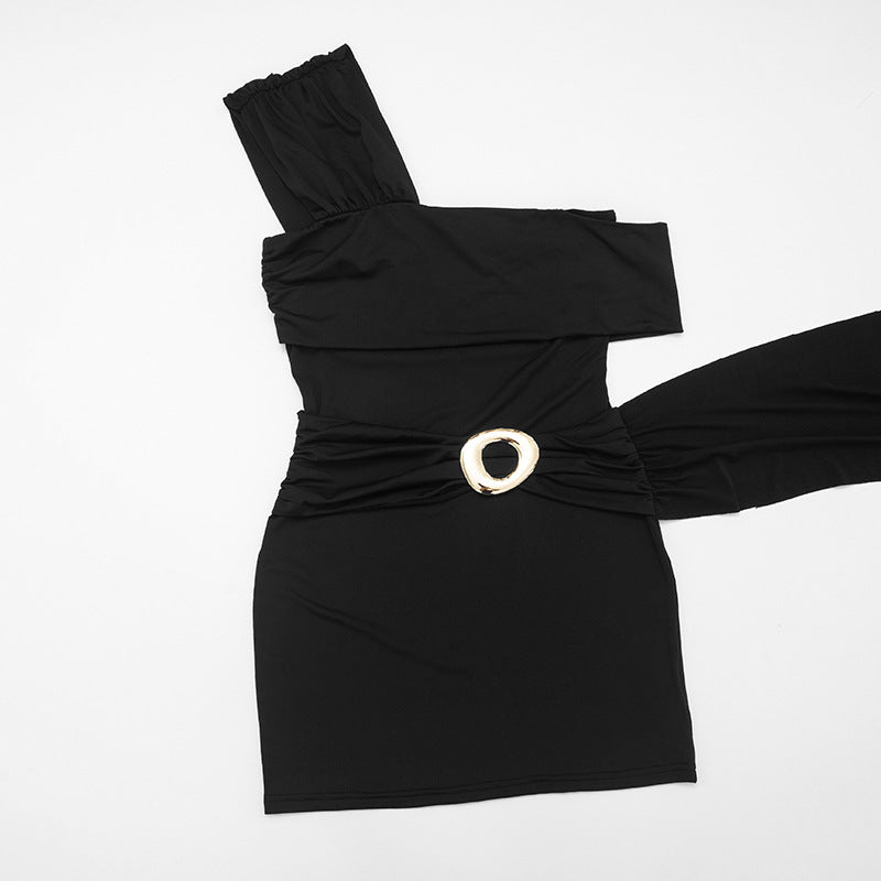 Chic Black One-Shoulder Ruched Mini Dress with Gold Ring & Statement Sash | Perfect for Fall Parties & Nights Out