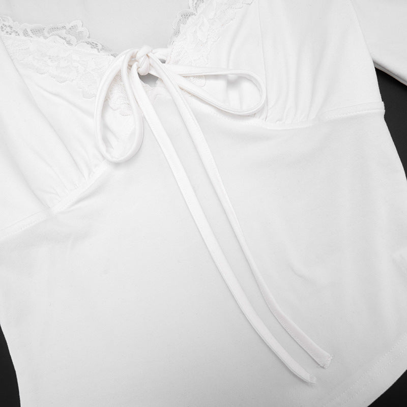 Fall Chic: Women's Square Neck Lace Tie-Front Top - Your Versatile Autumn Essential