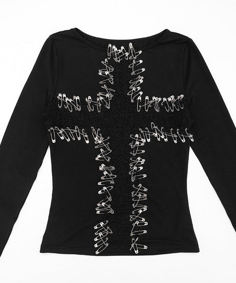 Edgy Safety Pin Cross Long Sleeve Top - Gothic Punk Fall Fashion & Halloween Ready