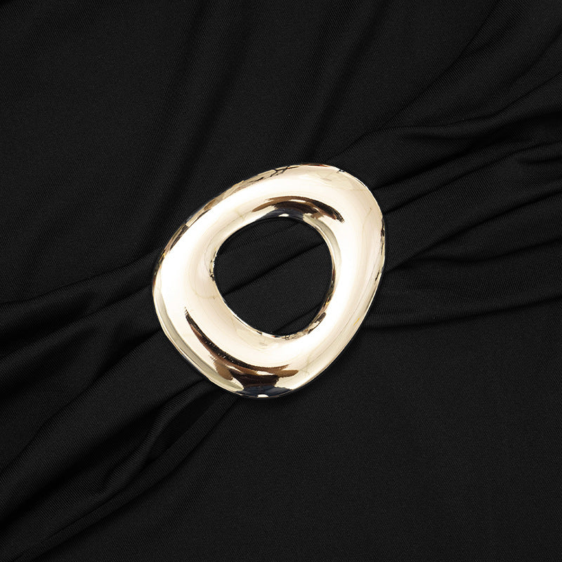 Chic Black One-Shoulder Ruched Mini Dress with Gold Ring & Statement Sash | Perfect for Fall Parties & Nights Out