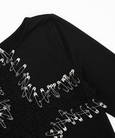 Edgy Safety Pin Cross Long Sleeve Top - Gothic Punk Fall Fashion & Halloween Ready