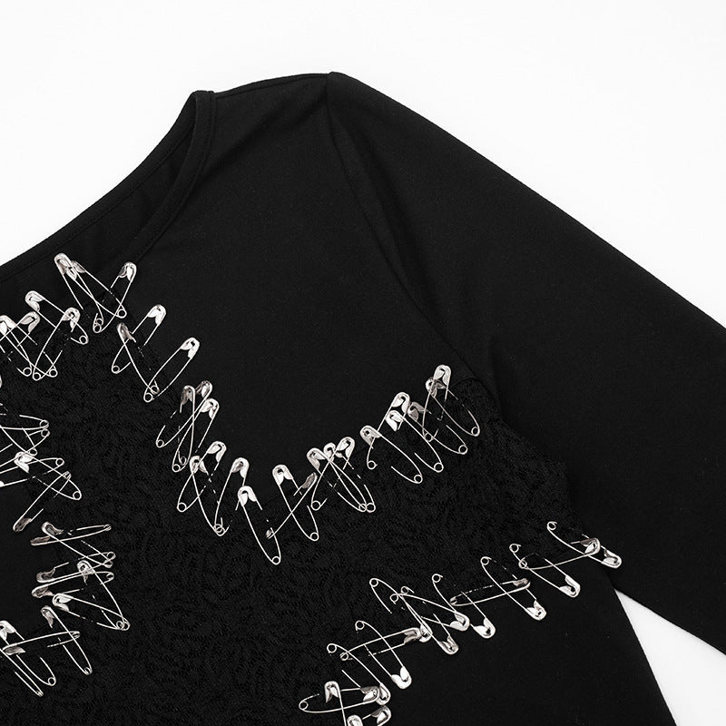 Edgy Safety Pin Cross Long Sleeve Top - Gothic Punk Fall Fashion & Halloween Ready