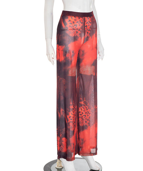 Ignite Y2K Vibes: Red & Black Leopard Mesh Flare Pants - Sheer Statement for Fall Parties & Halloween