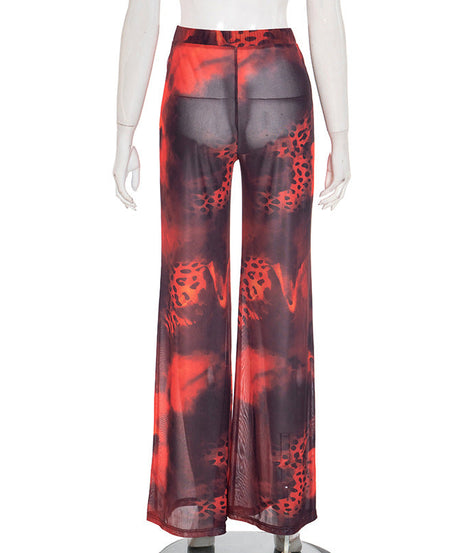 Ignite Y2K Vibes: Red & Black Leopard Mesh Flare Pants - Sheer Statement for Fall Parties & Halloween