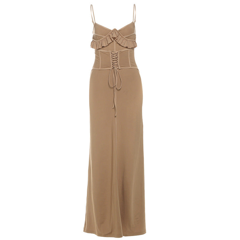 Autumn Whisper Ruffled Corset Cami Maxi Dress - Effortless Chic for Fall