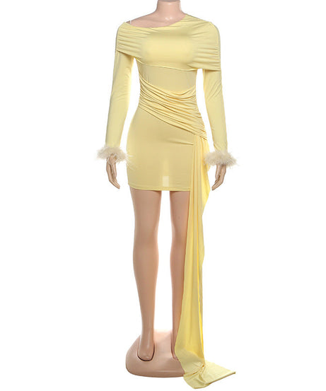 Glamorous Feather Cuff Ruched Mini Dress with Dramatic Train - Perfect for Fall & Holiday Parties