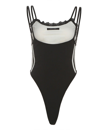 Effortless Fall Style: Two-Tone Sporty Stripe Cami Bodysuit with Delicate Lace Trim