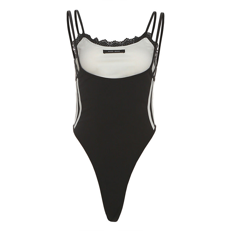 Effortless Fall Style: Two-Tone Sporty Stripe Cami Bodysuit with Delicate Lace Trim