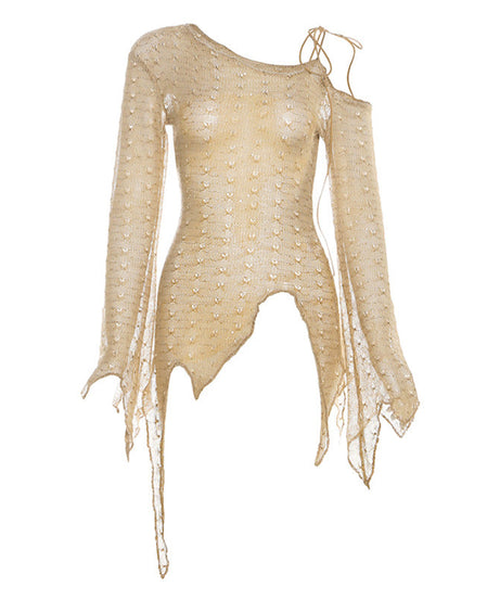 Y2K Grunge Distressed Knit Top - Sheer One-Shoulder Long Sleeve for Fall