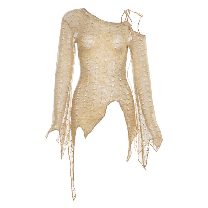 Y2K Grunge Distressed Knit Top - Sheer One-Shoulder Long Sleeve for Fall