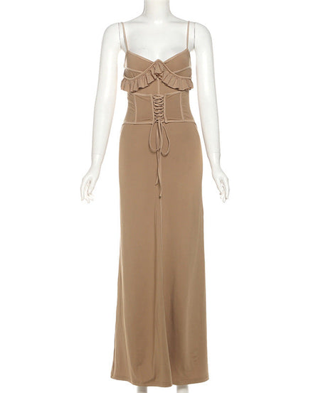 Autumn Whisper Ruffled Corset Cami Maxi Dress - Effortless Chic for Fall