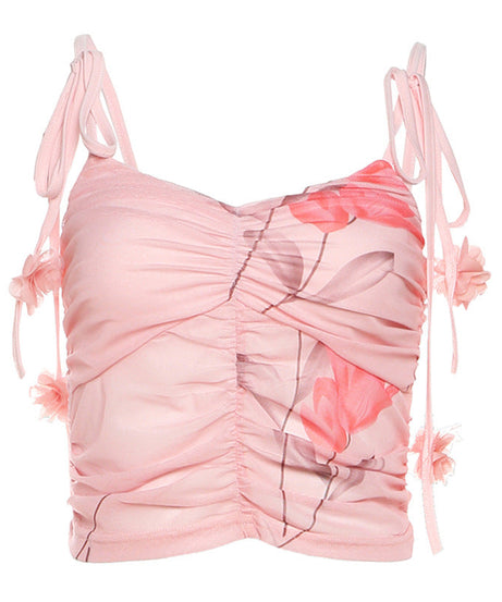 Enchanted Bloom Pink Floral Mesh Cami Top - Chic Tie-Strap Cropped for Fall Getaways & Layering