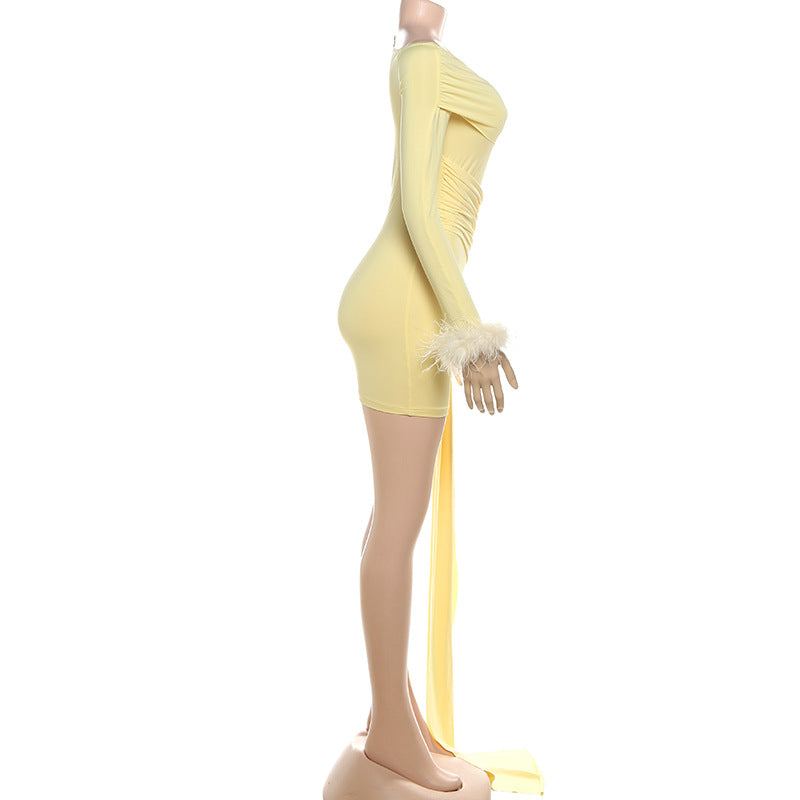 Glamorous Feather Cuff Ruched Mini Dress with Dramatic Train - Perfect for Fall & Holiday Parties