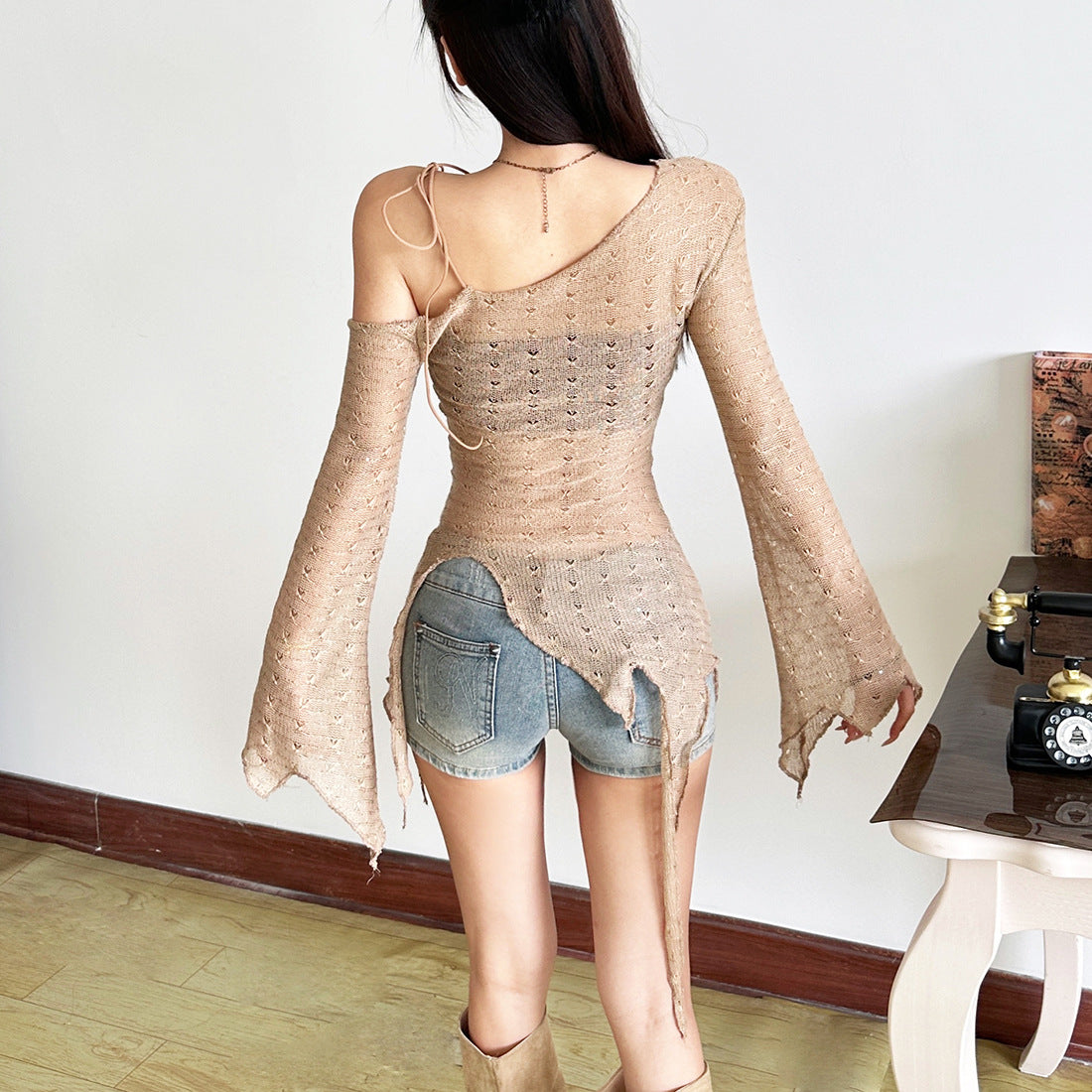 Y2K Grunge Distressed Knit Top - Sheer One-Shoulder Long Sleeve for Fall