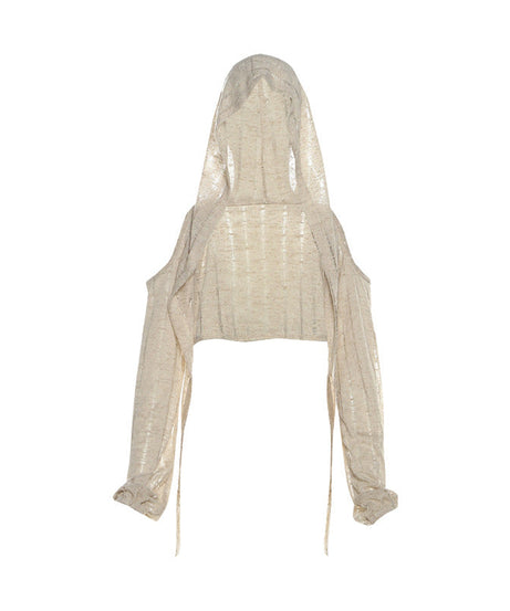 Effortless Fall Style: Distressed Open Knit Hooded Crop Top – Your Chic Layering Essential