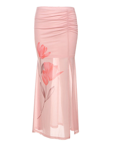 Pink Ruched High-Slit Mesh Maxi Skirt – Chic & Ready for Fall Parties & Getaways