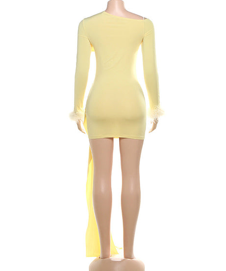 Glamorous Feather Cuff Ruched Mini Dress with Dramatic Train - Perfect for Fall & Holiday Parties
