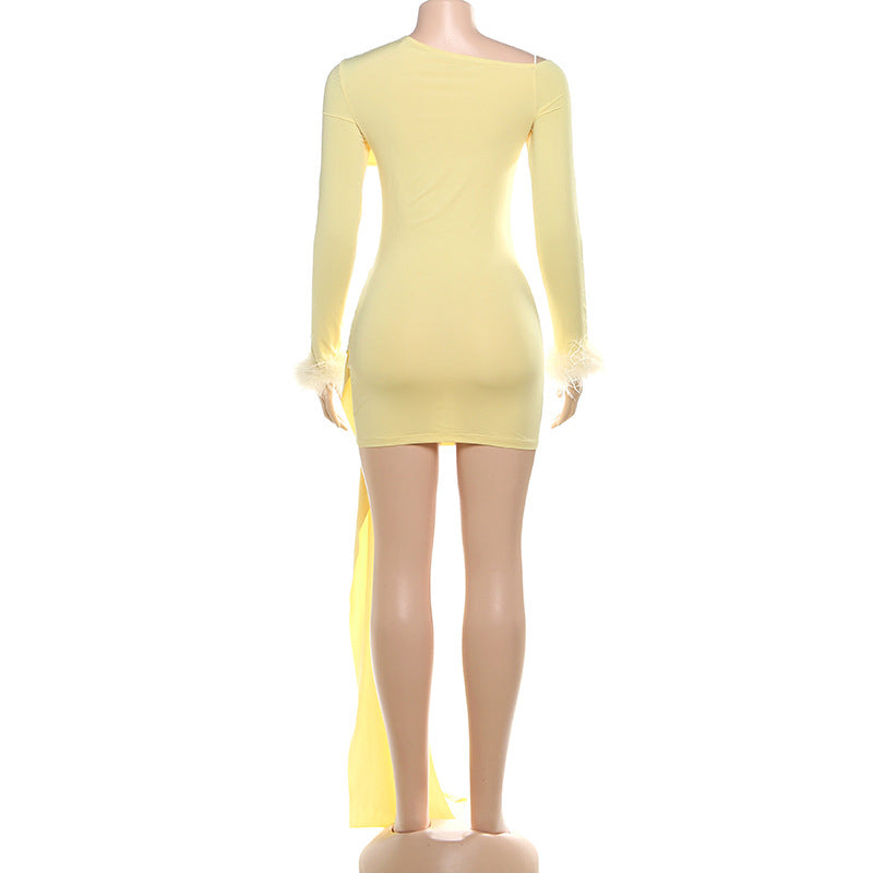 Glamorous Feather Cuff Ruched Mini Dress with Dramatic Train - Perfect for Fall & Holiday Parties