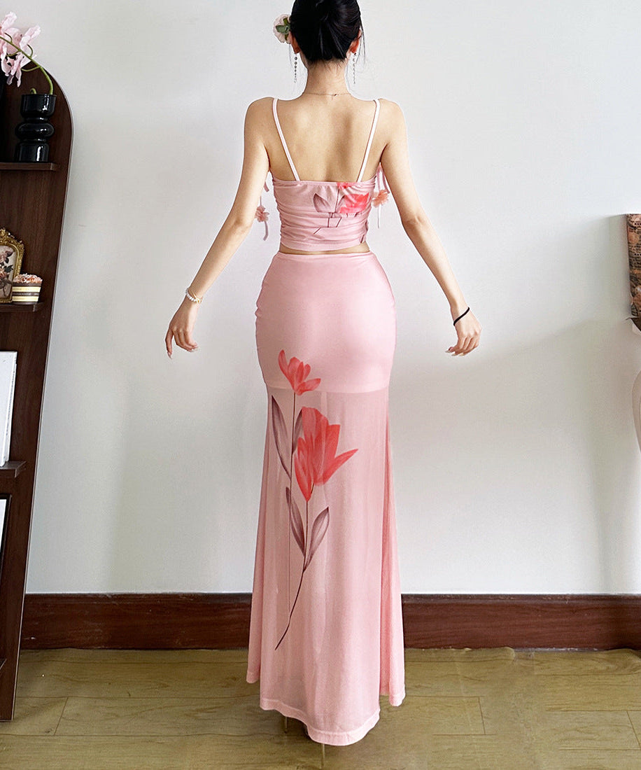 Enchanted Bloom Pink Floral Mesh Cami Top - Chic Tie-Strap Cropped for Fall Getaways & Layering