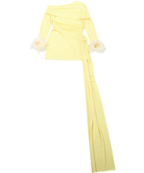 Glamorous Feather Cuff Ruched Mini Dress with Dramatic Train - Perfect for Fall & Holiday Parties