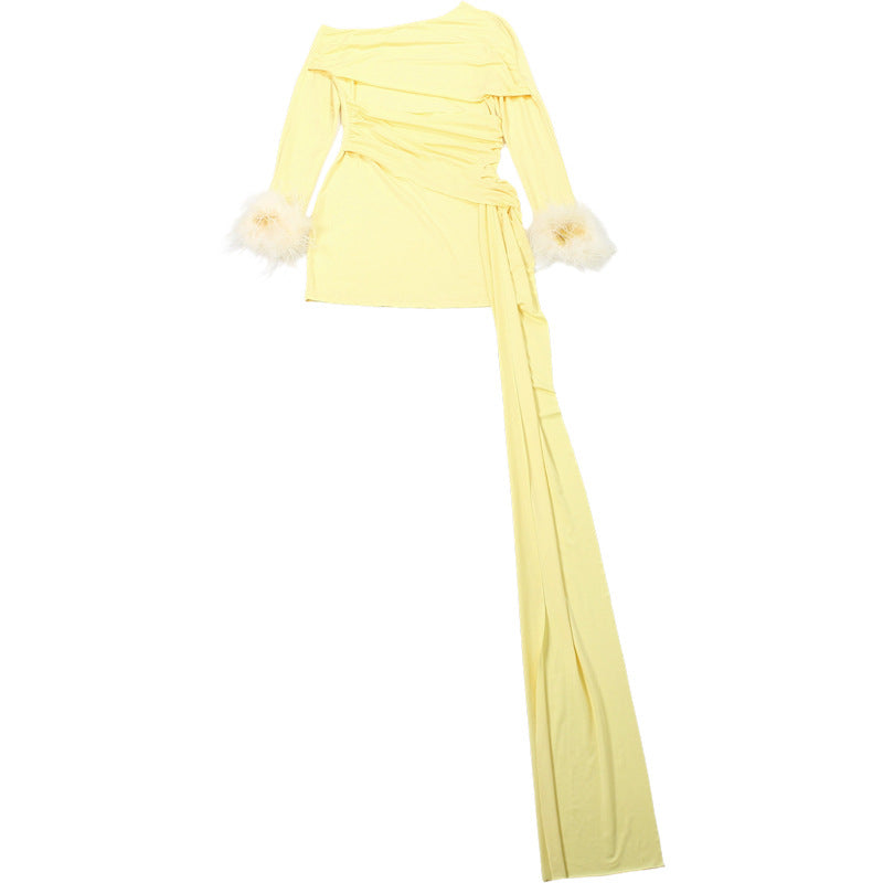 Glamorous Feather Cuff Ruched Mini Dress with Dramatic Train - Perfect for Fall & Holiday Parties