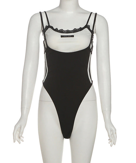 Effortless Fall Style: Two-Tone Sporty Stripe Cami Bodysuit with Delicate Lace Trim