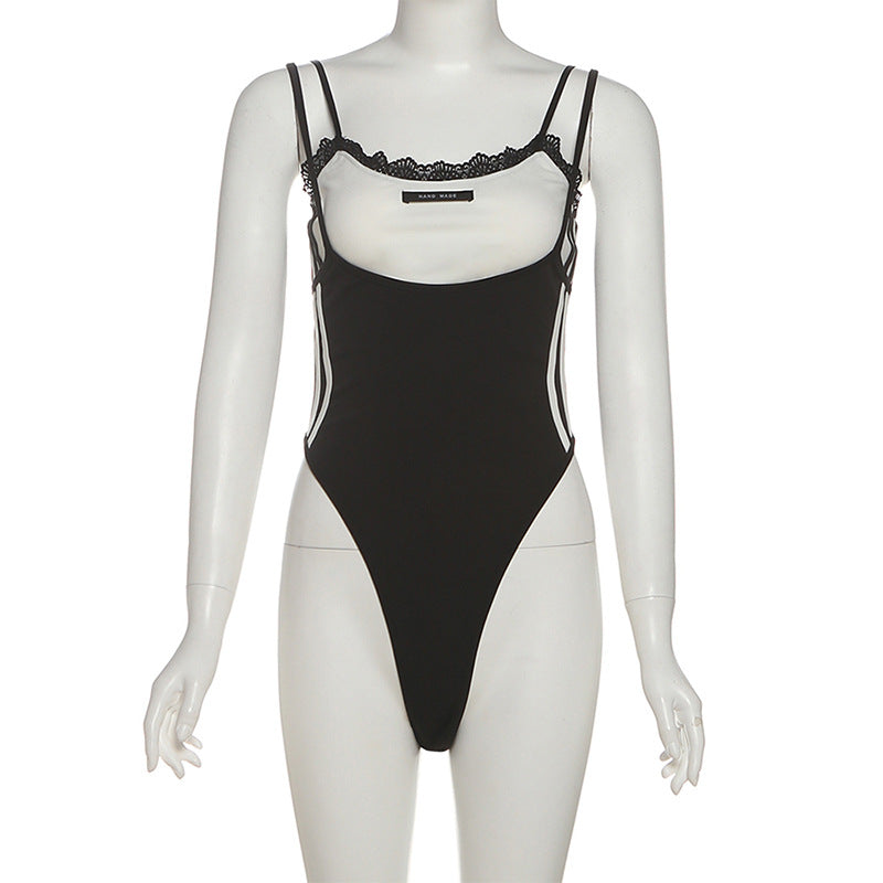 Effortless Fall Style: Two-Tone Sporty Stripe Cami Bodysuit with Delicate Lace Trim