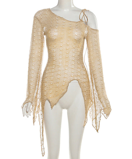 Y2K Grunge Distressed Knit Top - Sheer One-Shoulder Long Sleeve for Fall