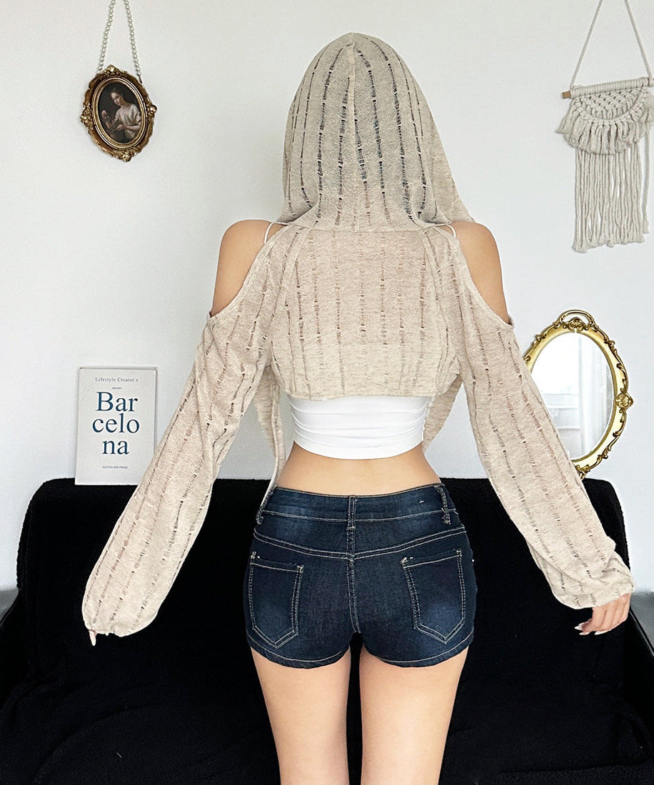 Effortless Fall Style: Distressed Open Knit Hooded Crop Top – Your Chic Layering Essential