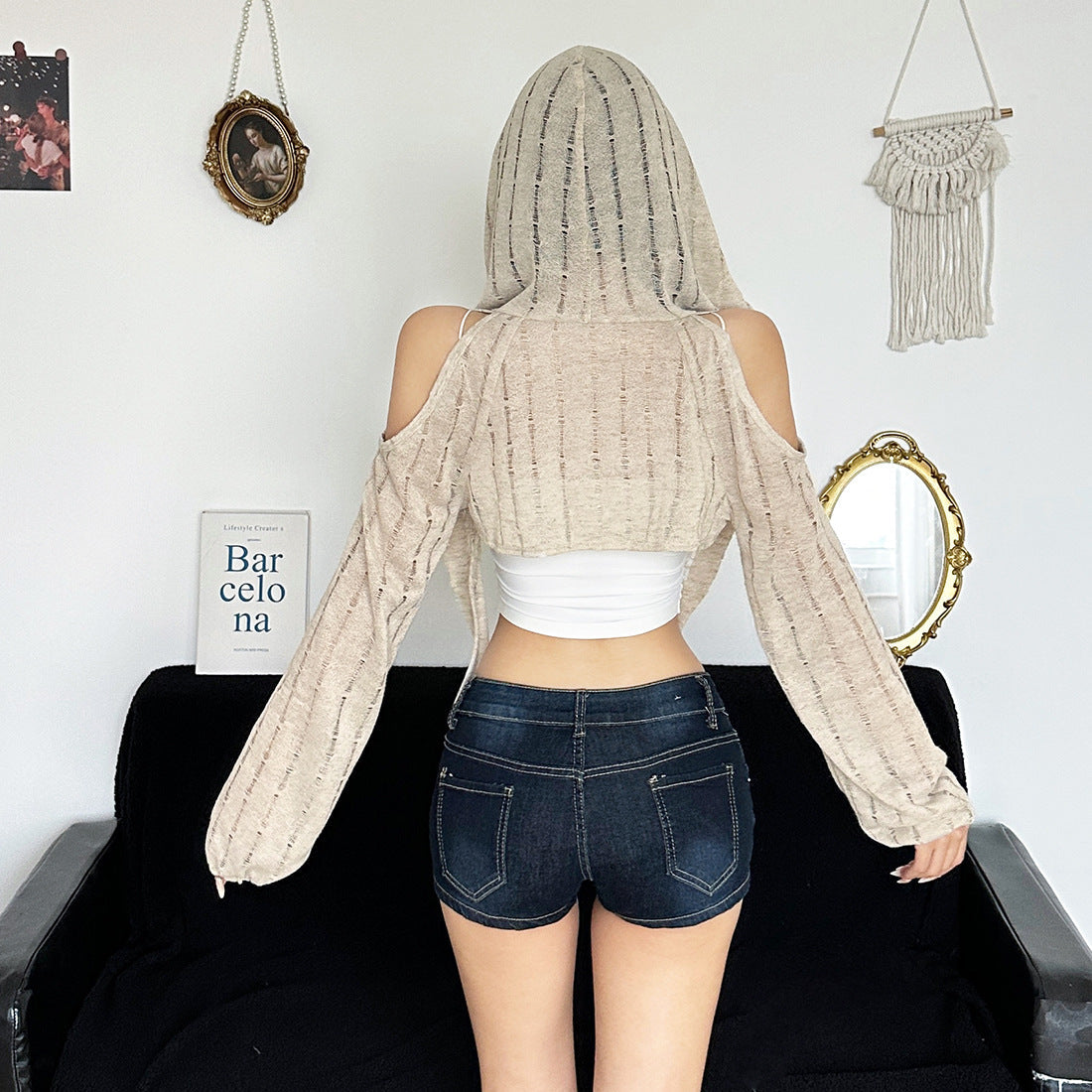 Effortless Fall Style: Distressed Open Knit Hooded Crop Top – Your Chic Layering Essential