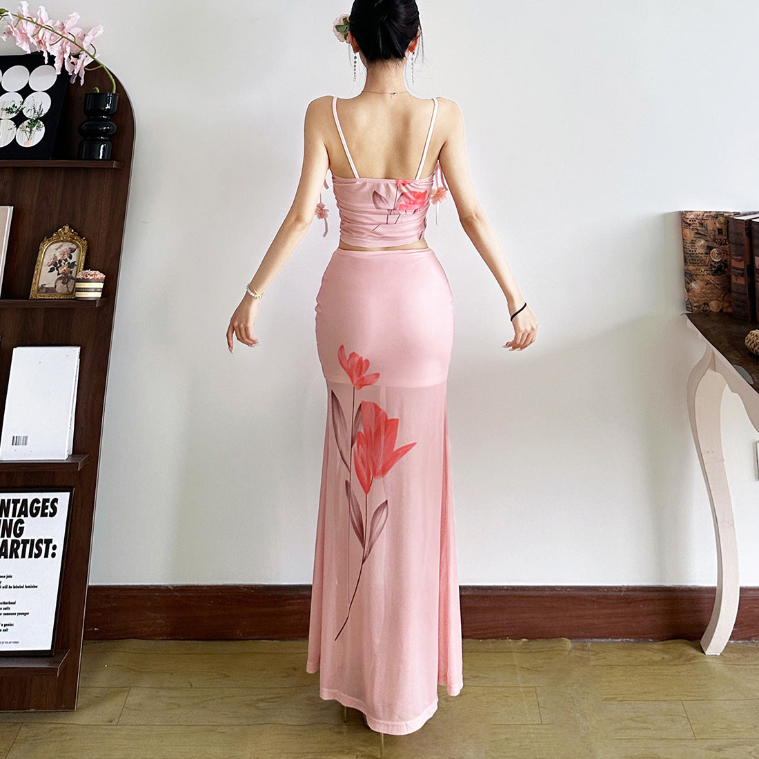 Pink Ruched High-Slit Mesh Maxi Skirt – Chic & Ready for Fall Parties & Getaways